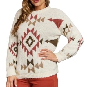 Heyson Sweater Womens Large Cream Aztec Pattern Pullover Soft Cozy Boho Knit